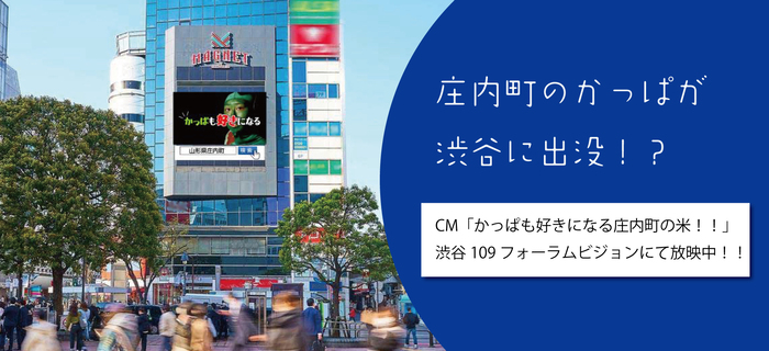 CM「かっぱも好きになる庄内町の米」渋谷109で放映中